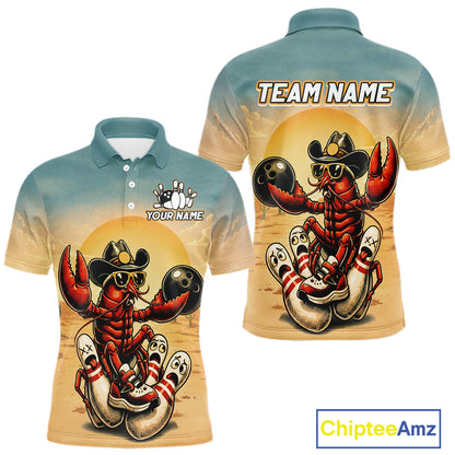Polo shirt with a crawfish wearing a cowboy hat and sunglasses design, featuring 'Team Name' text on the back.