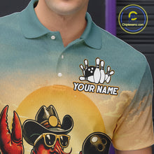 Load image into Gallery viewer, Person wearing a shirt with a colorful design featuring a crawfish, cowboy hat, and bowling elements, with 'Your Name' text.