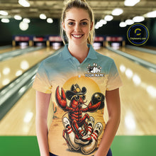 Load image into Gallery viewer, Person wearing a custom bowling shirt with a crawfish design in a bowling alley.