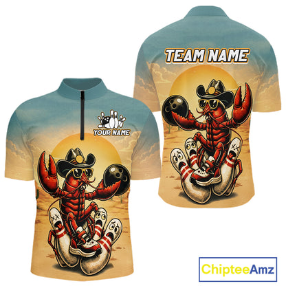 Two views of a shirt with a crawfish bowling design and 'Chiptee Amz' branding.