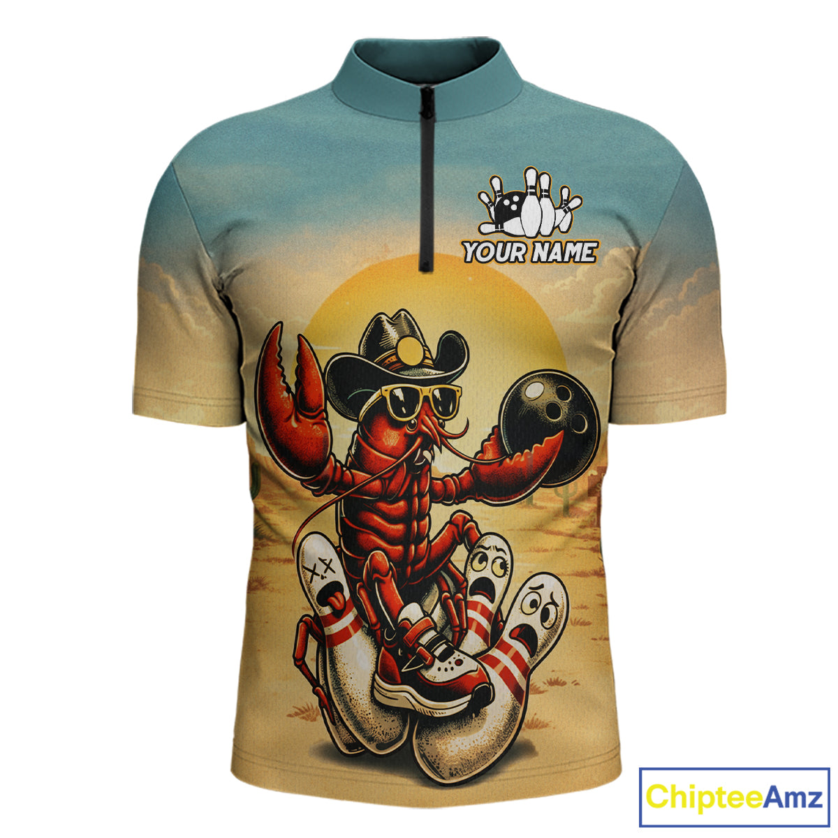 Bowling jersey with a crawfish wearing sunglasses and a cowboy hat design, featuring 'ChipteeAmz' branding.