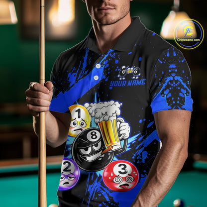 Custom Blue Funny 8 Ball Pool Billiard Team Shirts for Men Billiard League Jersey Polo &1/4 Zip BHT2