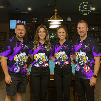 Custom Purple Funny 8 Ball Pool Billiard Team Shirts for Men Billiard League Jersey Polo &1/4 Zip BHT2