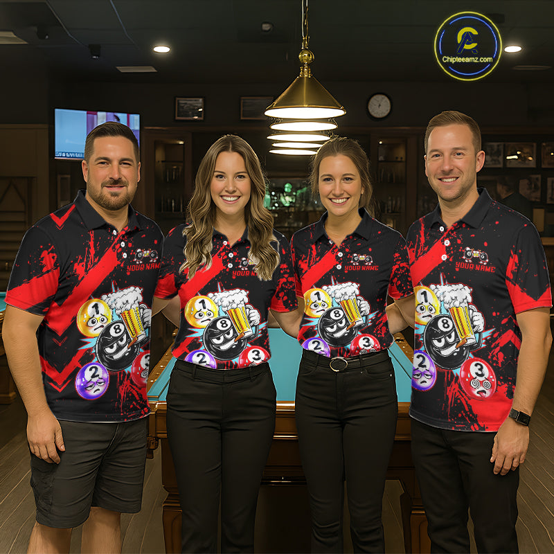 Custom Red Funny 8 Ball Pool Billiard Team Shirts for Men Billiard League Jersey Polo &1/4 Zip BHT2