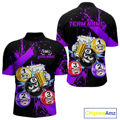 Custom Purple Funny 8 Ball Pool Billiard Team Shirts for Men Billiard League Jersey Polo &1/4 Zip BHT2