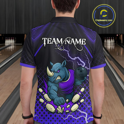 Custom Funny Purple Rhino Bowling Team Shirt for Men Bowling Jersey Polo, Quarter-Zip Outfit QZT805