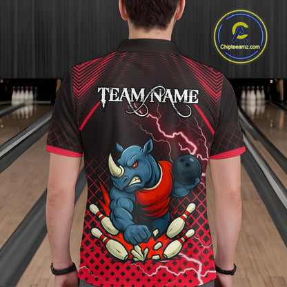 Custom Funny Red Rhino Bowling Team Shirt for Men Bowling Jersey Polo, Quarter-Zip Outfit QZT805