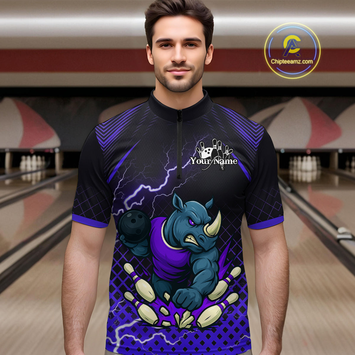 Custom Funny Purple Rhino Bowling Team Shirt for Men Bowling Jersey Polo, Quarter-Zip Outfit QZT805