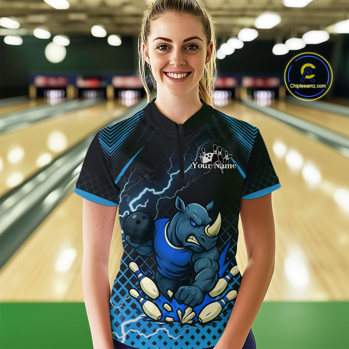 Custom Funny Blue Rhino Bowling Team Shirt for Women Bowling Jersey Polo, Quarter-Zip Outfit QZT805