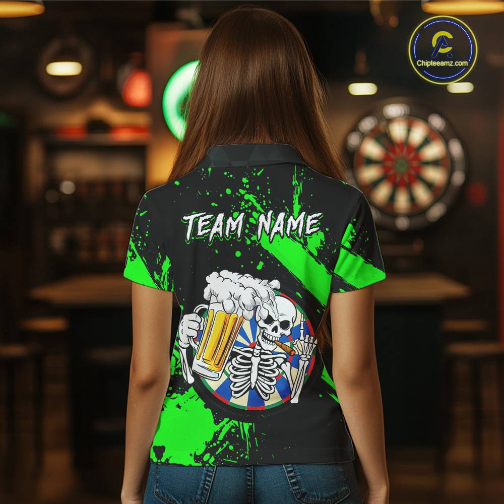 Custom Green Skeleton Dart Jersey for Team Polo & 1/4 Zip Beer Dartboard Shirts Dart Jerseys Gift for Women DHT3