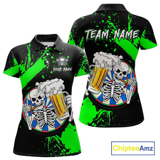 Custom Green Skeleton Dart Jersey for Team Polo & 1/4 Zip Beer Dartboard Shirts Dart Jerseys Gift for Women DHT3