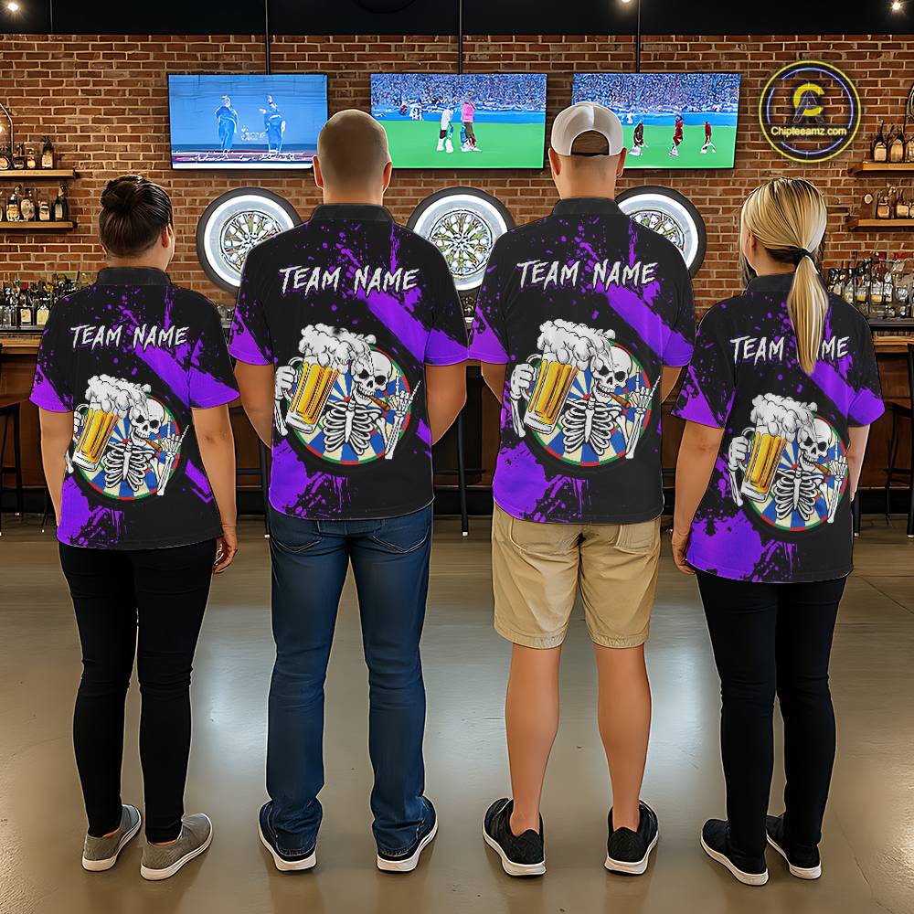 Custom Purple Skeleton Dart Jersey for Team Polo & 1/4 Zip Beer Dartboard Shirts Dart Jerseys Gift for Men DHT3