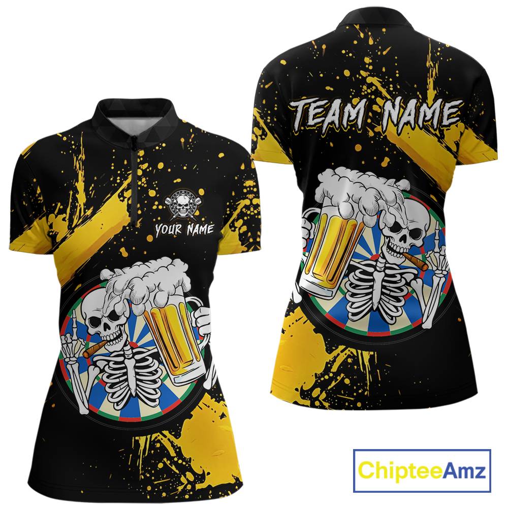 Custom Yellow Skeleton Dart Jersey for Team Polo & 1/4 Zip Beer Dartboard Shirts Dart Jerseys Gift for Women DHT3