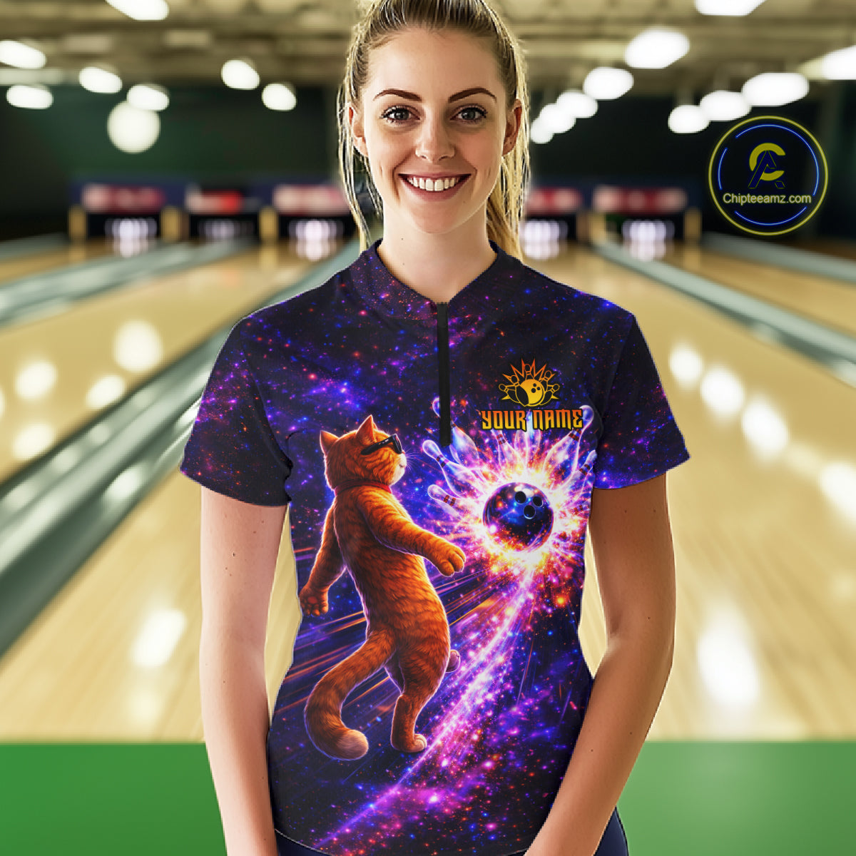 Galaxy Funny Cat Bowling Shirt for Women Custom Bowling League Jersey Polo & Quarter-Zip Bowler Gift QZT918