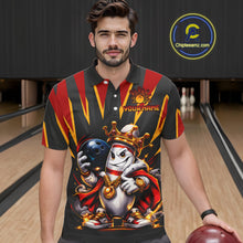 Load image into Gallery viewer, Man wearing a custom bowling shirt with a cartoon character and 'Your Name' text in a bowling alley.