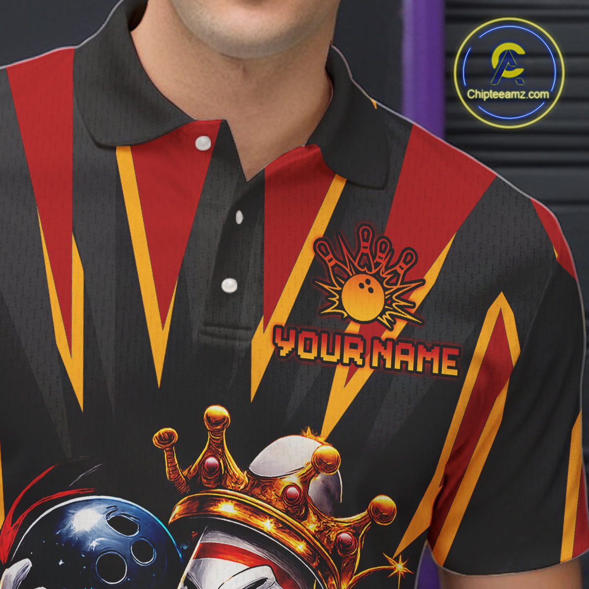 Bowling shirt with customizable name, logo, and bowling ball design.