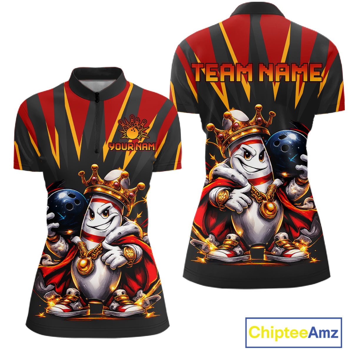 Custom Funny King Pins Bowling Shirt for Women Bowling Team Jersey Bowling Buddies Outfit Polo & 1/4 Zip QZT947