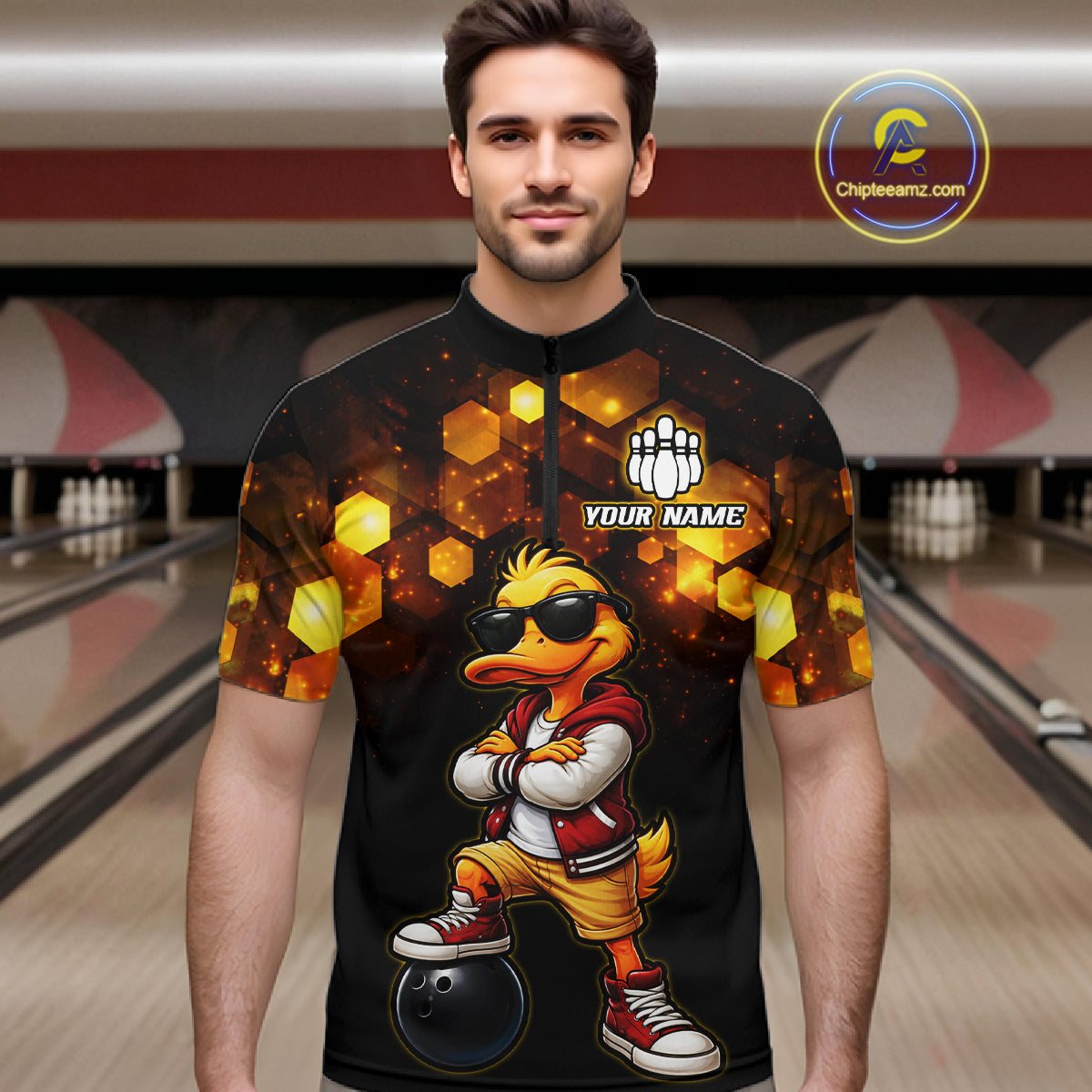 Custom Black & Gold Funny Duck Bowling Shirt for Men Bowling Jersey League for Couples QZT872