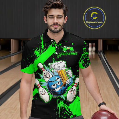 Custom Green Funny Beer Bowling Shirt for Men Bowling League Jersey Polo 1/4 Zip Bowling Outfit QZT822