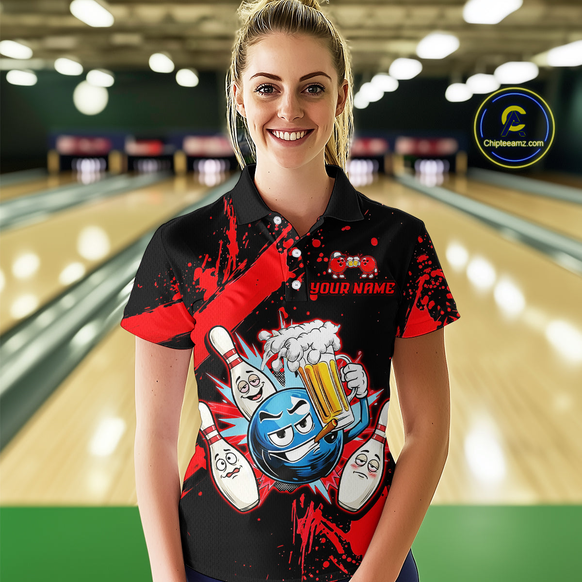 Custom Red Funny Beer Bowling Shirt for Women Bowling League Jersey Polo 1/4 Zip Bowling Outfit QZT822