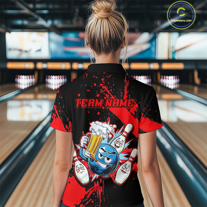 Custom Red Funny Beer Bowling Shirt for Women Bowling League Jersey Polo 1/4 Zip Bowling Outfit QZT822