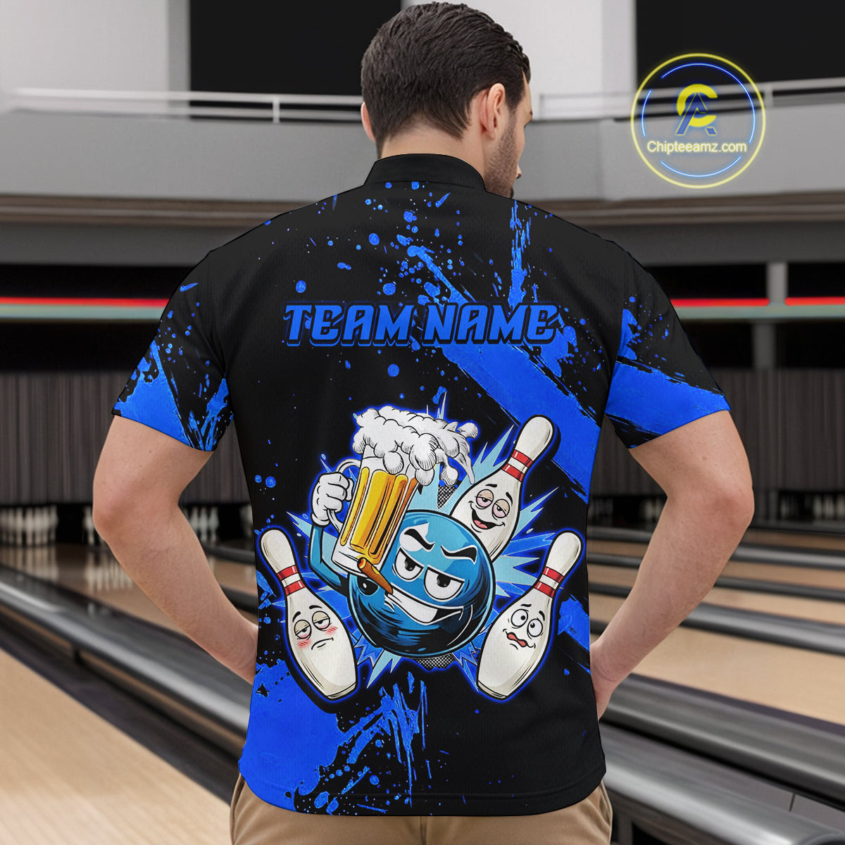 Custom Blue Funny Beer Bowling Shirt for Men Bowling League Jersey Polo 1/4 Zip Bowling Outfit QZT822
