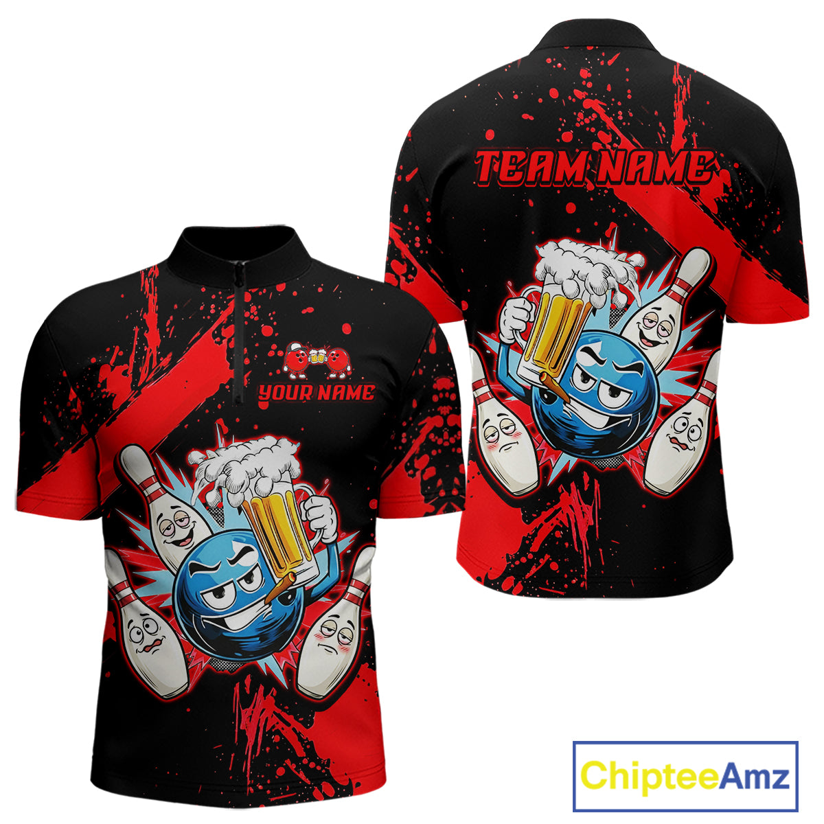 Custom Red Funny Beer Bowling Shirt for Men Bowling League Jersey Polo 1/4 Zip Bowling Outfit QZT822