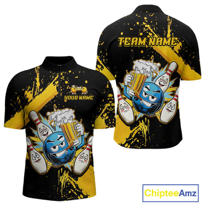 Custom Yellow Funny Beer Bowling Shirt for Men Bowling League Jersey Polo 1/4 Zip Bowling Outfit QZT822