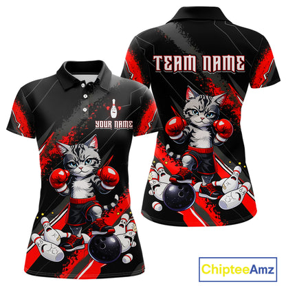 Funny Red Cat Bowling Team Jersey Personalized Polo & 1/4 Zip Shirt for Women Bowling League QZT825