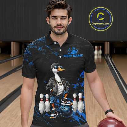 Personalized Blue Funny Goose Bowling Team Shirt for Men Bowling League Jersey Polo & 1/4-Zip QZT877