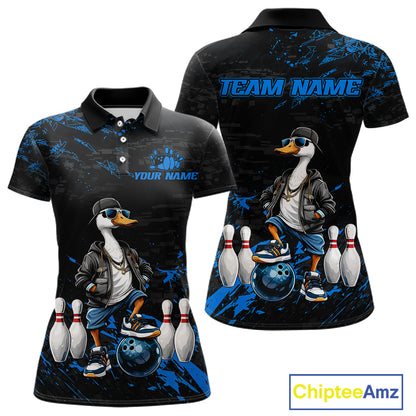 Personalized Blue Funny Goose Bowling Team Shirt for Women Bowling League Jersey Polo & 1/4-Zip QZT877