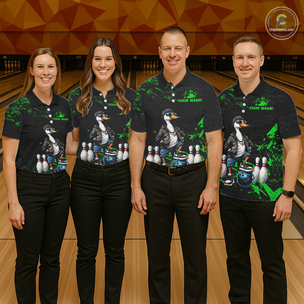 Personalized Green Funny Goose Bowling Team Shirt for Women Bowling League Jersey Polo & 1/4-Zip QZT877