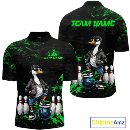 Personalized Green Funny Goose Bowling Team Shirt for Men Bowling League Jersey Polo & 1/4-Zip QZT877