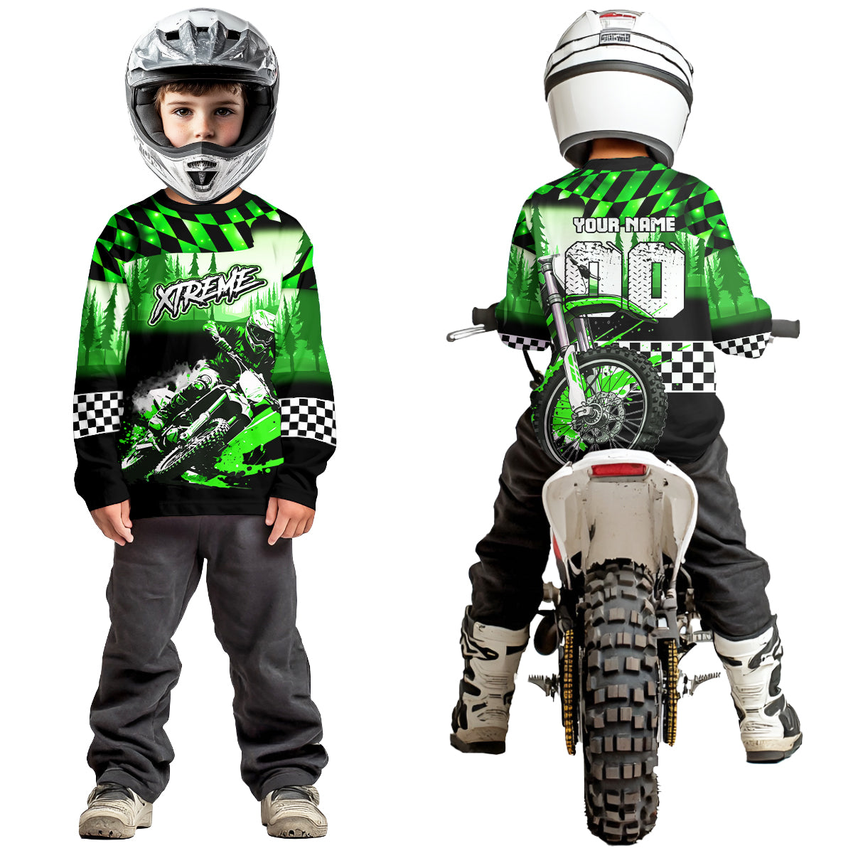 Personalized Green Motocross Jersey for Adult Kids Extreme Racing Shirt UPF30+ Dirt Bike Clothes MHT125