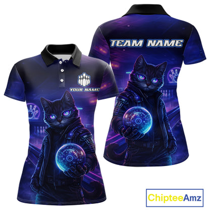 Personalized Neon Cat Bowling Shirt for Women Bowling Team Polo & Quarter-Zip Bowling Outfit QZT884