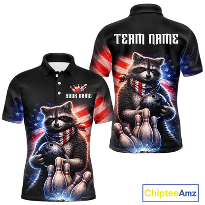 Custom American Flag Raccoon Bowling Shirt Bowling Jersey for Men Patriotic Bowling Polo & 1/4-Zip QZT974