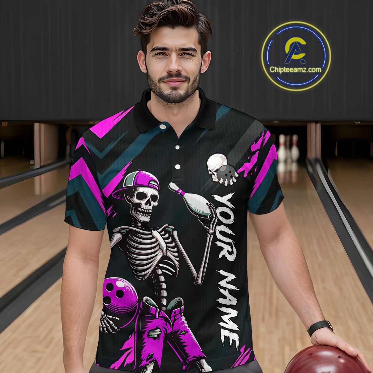 Custom Pink Skull Bowling Team Shirt for Men Polo & 1/4 Zip Bowling League Jersey Bowling Unisex QZT794