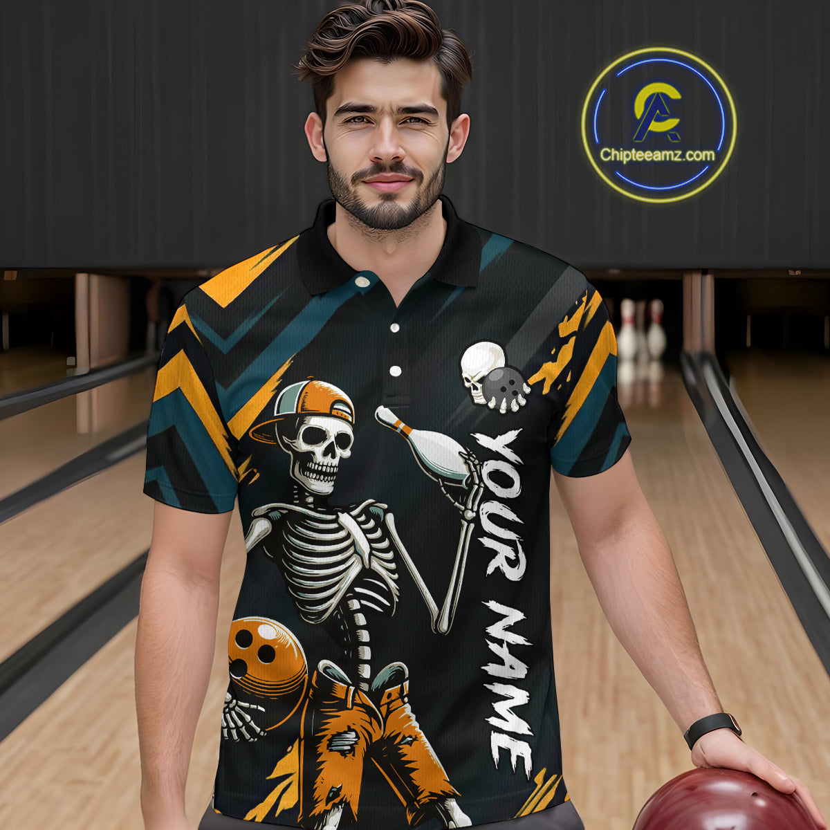 Custom Yellow Skull Bowling Team Shirt for Men Polo & 1/4 Zip Bowling League Jersey Bowling Unisex QZT794