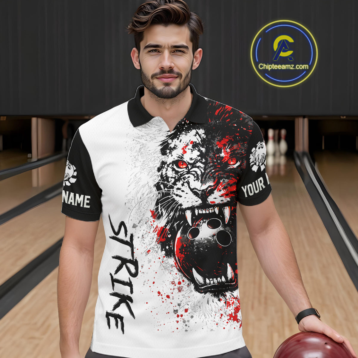 Custom Red & White Tiger Bowling Team Jersey for Men Bowling Shirt Polo & 1/4 Zip Bowling Outfit QZT841