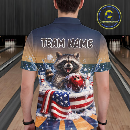 Funny Raccoon Bowling Shirt for Men Custom Patriotic Bowling Jersey US Flag Bowling Outfit QZT976