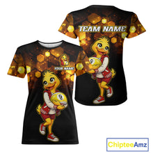 Load image into Gallery viewer, Two black t-shirts with a cartoon duck holding a pool ball and 'Team Name' text on a white background.