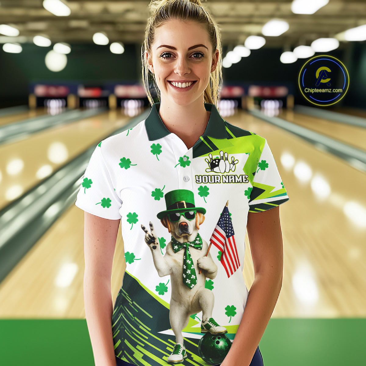 Custom Green Funny Golden Retriever Dog Bowling Shirt Samrock Pattern Bowling St. Patrick Day for Women QZT936