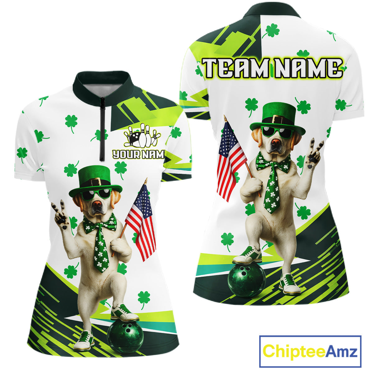 Custom Green Funny Golden Retriever Dog Bowling Shirt Samrock Pattern Bowling St. Patrick Day for Women QZT936