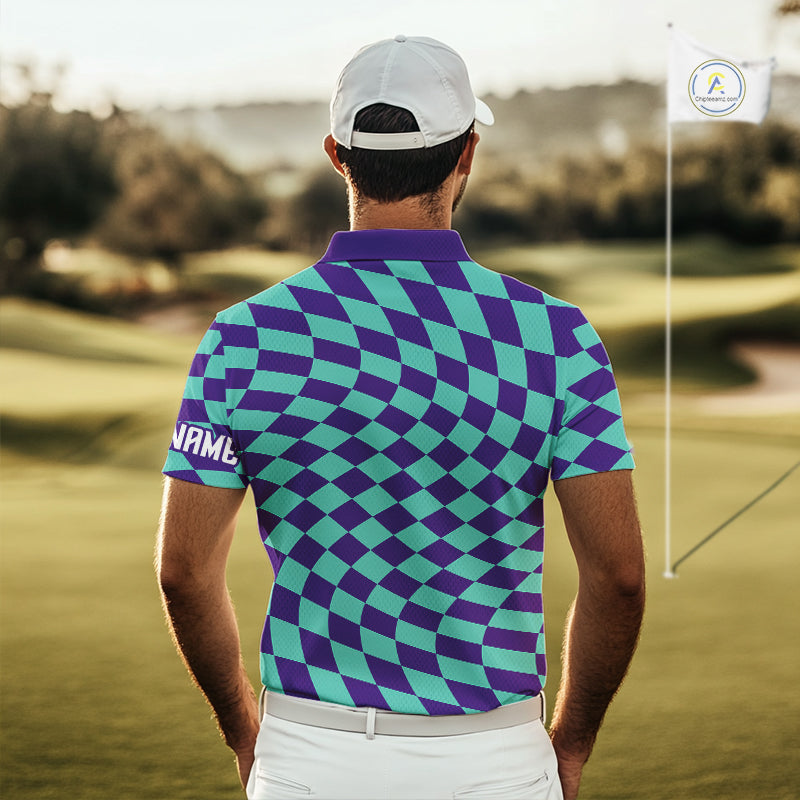 Plaid Mens Golf Polo Shirt Custom Purple & Blue Checkerboard Argyle Pattern Golf Shirts For Men NHN0129