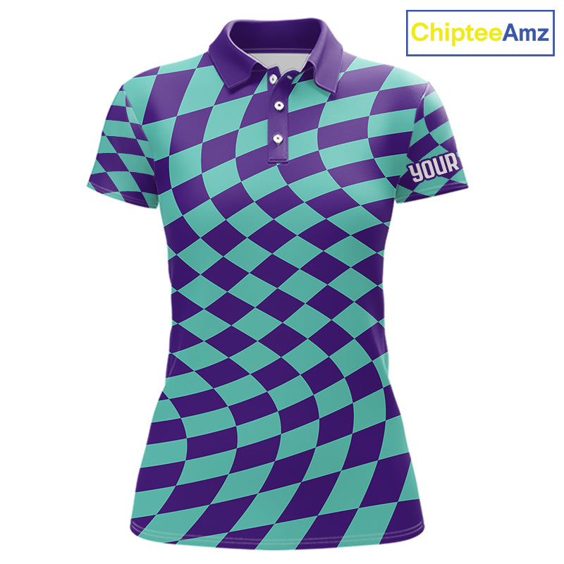 Plaid Womens Golf Polo Shirt Custom Purple & Blue Checkerboard Argyle Pattern Golf Shirts For Ladies NHN0129