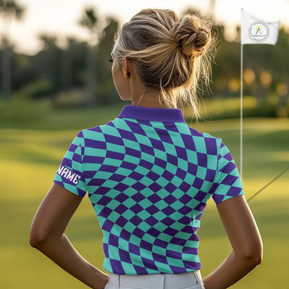 Plaid Womens Golf Polo Shirt Custom Purple & Blue Checkerboard Argyle Pattern Golf Shirts For Ladies NHN0129