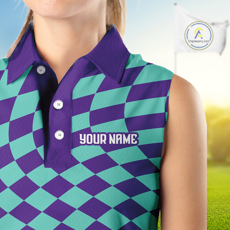 Plaid Womens Sleeveless Golf Polo Shirts Custom Purple & Blue Checkerboard Argyle Pattern Golf Shirt NHN0129