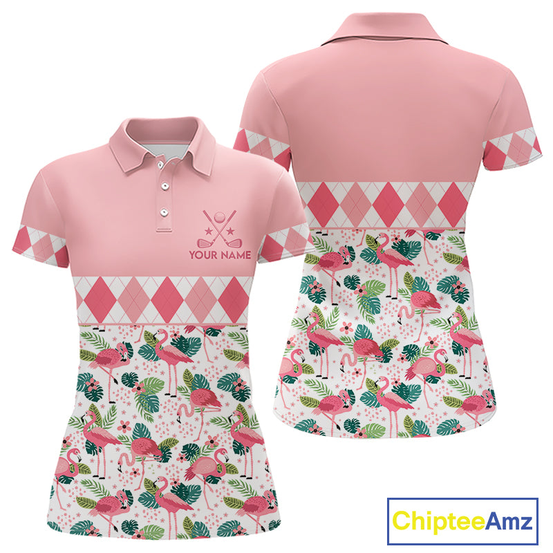 Flamingo Argyle Pattern Womens Golf Polo Shirt Funny Floral Custom Golf Shirt Unique Golfer Gift Apparel NHN0022