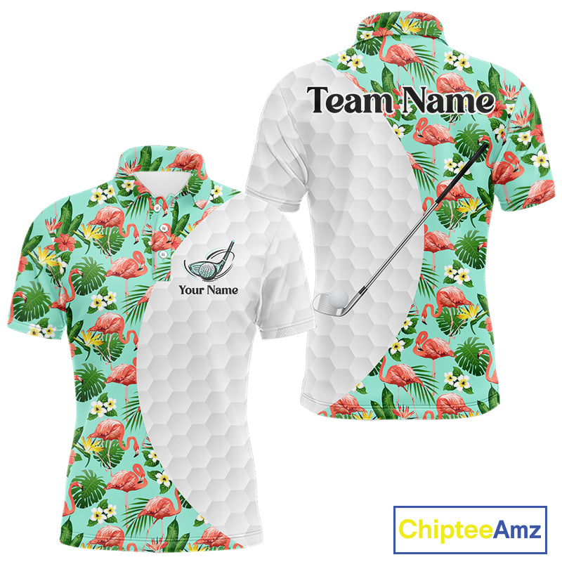 Custom Mens Golf Polo Shirt Green Tropical Pink Flamingo Pattern Personalized Team Golf Top NHN0023