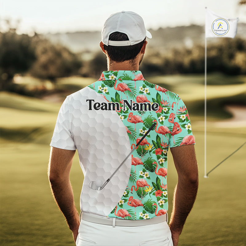 Custom Mens Golf Polo Shirt Green Tropical Pink Flamingo Pattern Personalized Team Golf Top NHN0023